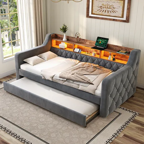 Platzsparendes Sofa-Bett 90x190 cm aus Samt mit Stauraum & LED-Ambiente