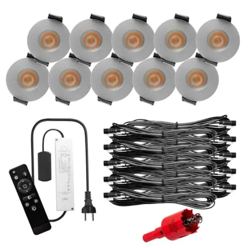 S-Polytec PREMIUM Mini LED- Einbauspots Warmweiss 3.000K, DIMMBAR, IP65, FUNK 3W Einbaustrahler Terrassenüberdachung, Bad, Sauna mit Fernbedienung (SILBER, 10x LED-SET)