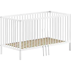 Babybett Kara-lynn 144x76x84 aus massivem Buchenholz in Weiß - Modernes Gitterbett für Babys mit Umbaufunktion zum Junior-Bett. Hochwertige Verarbeitung aus massivem Buchenholz und 3-fach höhenverstellbarem Lattenrost. Ideal für eine sichere und komfortable Schlafumgebung.
