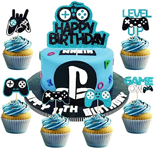 Stück Tortendeko Geburtstag Videospiel Torten Deko Gaming Dekoration Cupcake Kuchen Geburtstag Kuchen Deko Jungen Kinder Tortenaufleger für Kindergeburtstag Spiel Thema Party Dekoration(Blau) 25