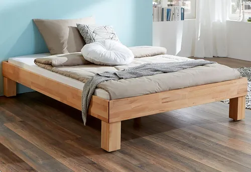 Futonbett Manuela 90x200, Buche massiv geölt - Modernes Futonbett ohne Kopfteil in geölter Kernbuche, ideal für Dachschrägen. Hohe Stabilität durch 23 mm Holzstärke und 90x90 mm Füße. Perfekt für ein stilvolles Schlafzimmer.
