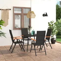 vidaXL 5-tlg. Garten-Essgruppe Schwarz und Braun - Gartenmöbel-Set mit witterungsbeständigen PE-Rattan-Stühlen und einem eleganten Glastisch. Ideal für Garten, Patio oder Terrasse – leicht umzustellen und mit verstellbaren Rückenlehnen für maximalen Komfort.