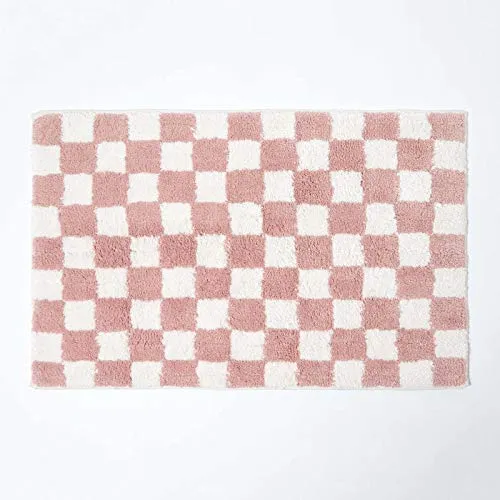 Homescapes Baumwoll-Badematte rosa-weiß kariert, Badvorleger 50x80 cm, Badteppich rutschfest waschbar mit Schachbrett-Muster