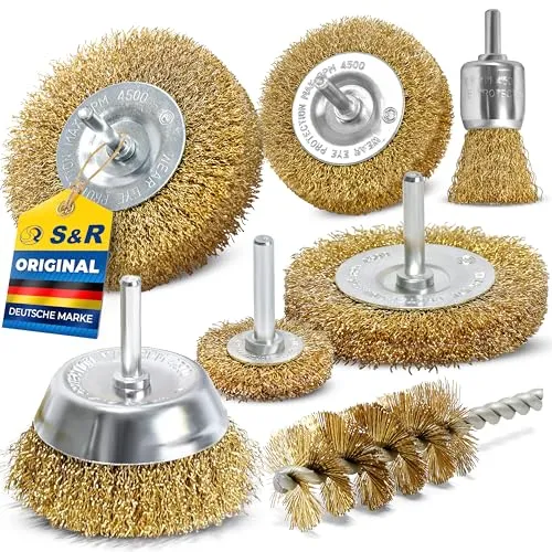 S&R Drahtbürste Set 7-teilig für Bohrmaschine Stahldraht vermessingt - Rundschaft 6mm - Scheibenbürsten 38, 50, 75, 100 mm, Topfbürste 75 mm, Pinselbürste 25 mm, Rohrbürste Drahtbürstensatz