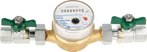 Einstrahlzähler ETK Kombi-Set mit Kugelhähnen 1/2 Zoll - Präziser Kaltwasserzähler bis 30°C, inkl. 1/2 Zoll Kugelhähnen. Ideal für horizontalen und vertikalen Einbau, mit drehbarem Zählwerk für einfache Ablesung. Hochwertige Messingausführung, langlebig und zuverlässig.