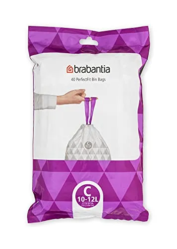 Brabantia Müllbeutel PerfectFit, Spenderpackung (Code C - 10L / 12L), Extra Starke müllsäcke Mit Zugband (40 Müllbeutel)