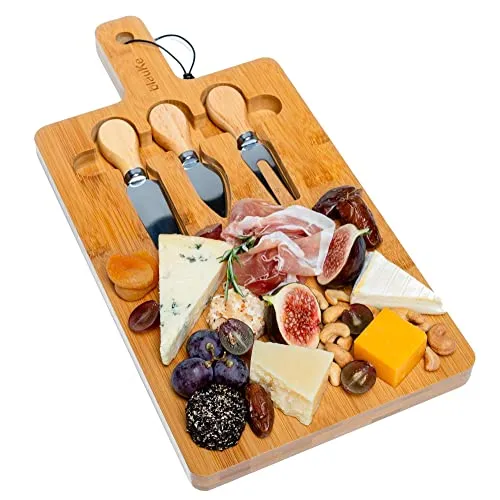 Bambus Käsebrett mit Käsemesser Set 32x20cm – Servierplatte aus Holz für Käse & Häppchen – Servierbrett Holz Käseplatte oder Schneidebrett Küchenbrett – Cheese Board Charcuterie Board – Geschenk Idee