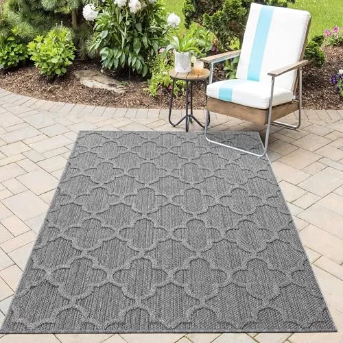 HomebyHome In& Outdoor Teppich Wetterfest, Grau 80x250 cm Teppich Küche, Waschbarer Küchenläufer Flachgewebe Sisaloptik Rauten Design Camping Terasse Balkon Outdoorteppich Garten