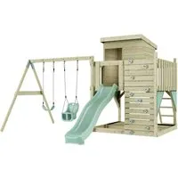 PolarPlay Spielturm Björn aus Holz in Grün mit Babyschaukel - Schaukeln und Spielen im eigenen Garten! Der stabile Spielturm bietet Sicherheit und viel Platz für Abenteuer, ideal für Kinder jeden Alters.