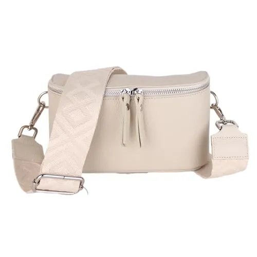 MIRROSI® Damen Bauchtasche Umhängetasche (23x13x7cm) Damen, Made in Italy, aus Echtleder Tasche Echtes Leder, Brusttasche, Crossbody Bag,Bohemian Style (1 Tasche 2 Gurte) (Beige Fisch)