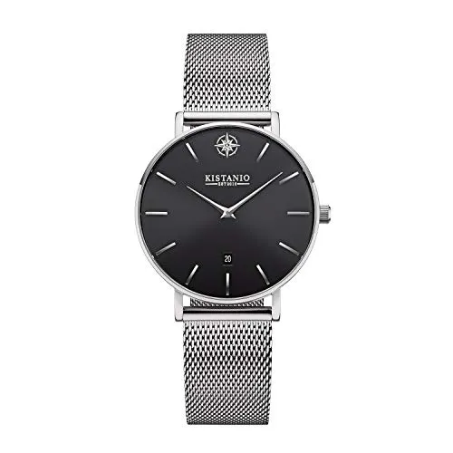 Kistanio Petit Damenuhr mit Milanaiseband Datum Edelstahl Schwarz Saphirglas SI-BLKS-M