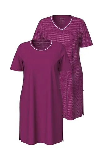Ulla Popken Women's 2 Pack Nightshirts-Dot, Solid Nightgown, Fuchsia pink, 54