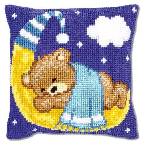 VERVACO Kreuzstich Kissen Set Teddy auf Mond - blau - Kreuzstich-Sets mit kompletten Materialien für Anfänger und Profis. Einfache Anleitung und hochwertiges Garn für kreative Entspannung. Perfekt als Geschenk!