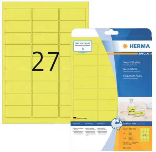 HERMA 5140 Etiketten DIN A4 neon-gelb 63,5x29,6 mm Papier matt 540 St.