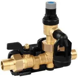 Honeywell Sicherheitsgruppe SG150 Messing AC, 3/4'' - Kompakte Sicherheitsgruppe für Warmwasserbereiter bis 200 l, vereint Rückflussverhinderer und Sicherheitsventil in einem Gerät, sorgt für zuverlässigen Schutz im Wassersystem.