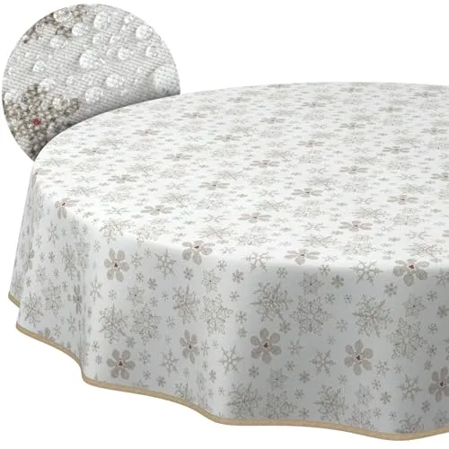 Weihnachtstischdecke Stofftischdecke Tischdecke Weihnachten abwaschbar pflegeleicht Weihnachten Schneeflocken Rund 100cm mit Saum (Eingefasst)