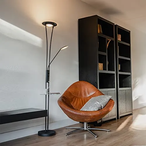 Qazqa Sevilla Stehlampe schwarz mit Lesearm und USB-Anschluss - Moderne Stehlampe mit dimmbarem Lesearm, ideal für Wohnzimmer und Schlafzimmer. Inklusive LED und praktischen USB-Anschluss für bequemes Laden.
