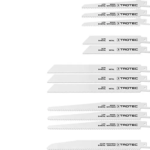 TROTEC Säbelsägeblätter-Set für Holz und Metall, 12-teilig, 5 unterschiedliche Typen, Länge 15-23 cm, das perfekte Sägeblatt für schnelle saubere Schnitte mit der Säbelsäge