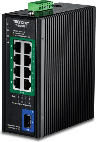 TRENDnet TI-BG5091 - Industrieller 8-Port PoE++ Switch - Switch u. Bridges mit 8 x 10/100/1000/2.5G PoE++ und 1 x Gigabit SFP+, 480 W PoE-Budget, robustes Metallgehäuse, ideal für industrielle Anwendungen.