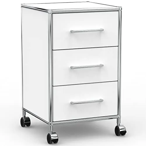 System8X Rollcontainer 40cm - 3 Schubladen aus Holz in Weiß mit Rollen - Praktischer Rollcontainer für Büro und Home-Office. Robuste Verarbeitung mit verchromtem Rahmen und leichtgängigen Schubladen. Ideal für platzsparende Aufbewahrung und zusätzliche Ablagefläche.