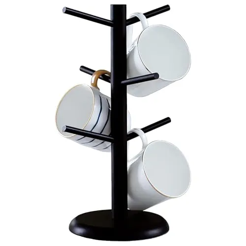 Hoxfly Tassenhalter, Baumbecherhalter Brezelhalter mit 6 Haken, Schwarzer Bambusbecherbaum mit Sickerem Boden, Kaffee-Becherhalter für Küche, Baumbecherhalter für Kaffeetassen, Becher, Theke