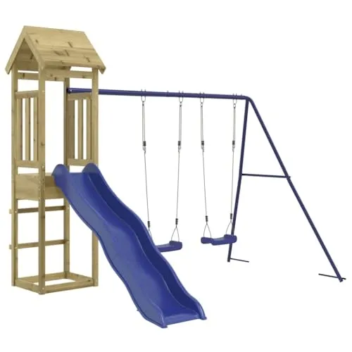 vidaXL Spielturm aus imprägniertem Kiefernholz - Spielplatz für den Garten, bietet eine 90 cm hohe Plattform, Wellenrutsche, zwei Schaukeln und einen Sandkasten für unendlichen Spielspaß.