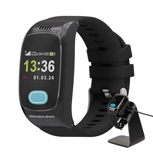 one button phone Modell 2024 & original Ladestation - Notfall- & Sicherheitsuhr Senioren, Notrufknopf, SOS-Funktion, Sturzerkennung, GPS-Ortung, Vitaldaten, 4G, freie Tarifwahl
