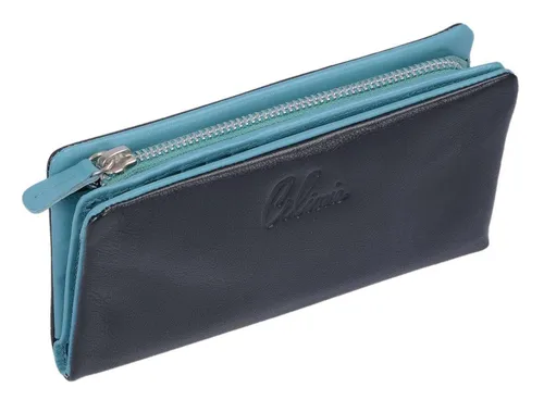GlücksNugget Geldbörse Leder Damenbörse, CILINIE schwarz-türkis - Elegante Geldbörse aus Softnappaleder mit 13 Scheckkartenfächern und praktischem Fotofach. Ideal für stilbewusste Damen, die Ordnung und Stil schätzen.