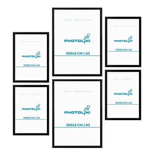 PHOTOLINI schwarze Bilderrahmen Set verschiedene Größen, 6 Bilderrahmen schwarz Holz MDF, Bilder Rahmen mit Acrylglas, No.7 Bilderrahmenset zum Aufhängen, Fotorahmen Set mit Zubehör für Fotos, Poster