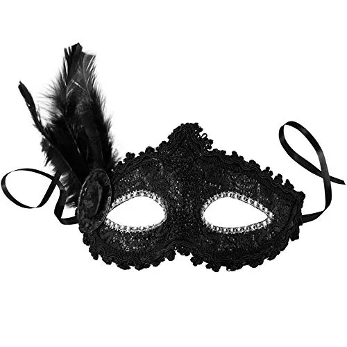 dressforfun 900888 Venezianische Maske mit seitlicher Feder für Damen, Augenmaske mit Stoffmuster, Zierborte und Strass für Ball Fasching Karneval Halloween - diverse Farben - (schwarz | Nr. 303549)