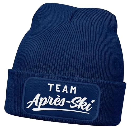 MoonWorks® Herren Beanie mit Patch Strickmütze Skifahren Party Skiurlaub Spruch Aufdruck Lustig Mütze Männer Dunkelblau Unisize