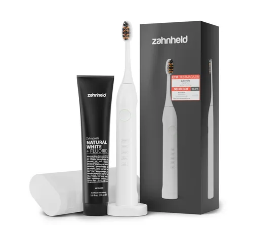 Zahnheld Schallzahnbürste Gero – Elektrische Zahnbürste Set mit Reiseetui - Elektrische Zahnbürste mit 5 Putzmodi für optimale Zahnpflege, bis zu 48.000 Vibrationen pro Minute und bis zu 6 Wochen Akkulaufzeit – ideal für unterwegs.