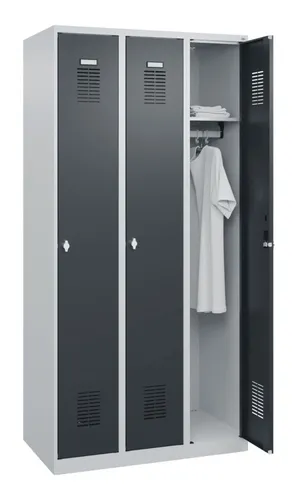 CP-Möbel Spind Basis PLUS, anthrazit, 3 Abteile - Robuster Spind mit 3 Abteilen und Drehriegelschloss für sicheren Stauraum. Ideal für Schulen und Fitnessstudios. Maße: 90 x 185 x 50 cm, komplett montiert geliefert.