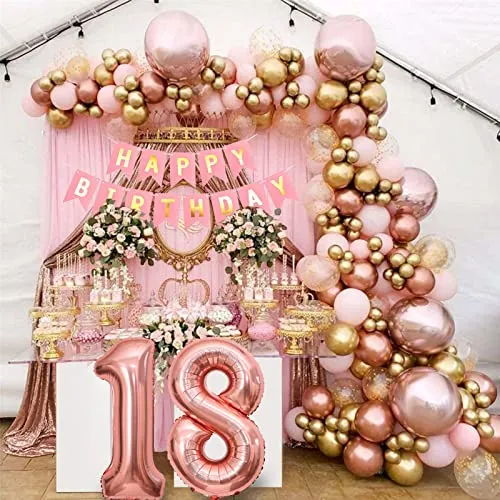 DUGEHO 18 Geburtstag Deko Frauen Mädchen,Luftballons Roségold Luftballon Girlande Set,Happy Birthday Girlande Macaron Ballon,Metall Luftballons Hochzeit für Geburtstag Hochzeit Jubiläum