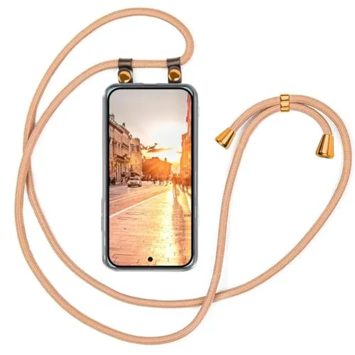 moex Handykette für Google Pixel 9 Pro Hülle mit Band abnehmbar, Handyhülle mit Kette zum Umhängen, Handyband 155 cm lang Stoff Kordel Umhängehülle, Handy Umhängeband, Gold
