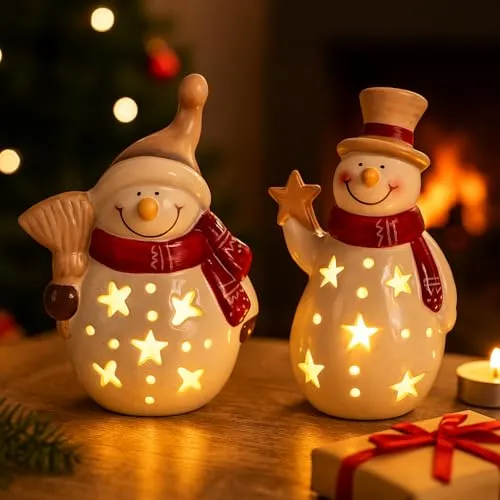 abc HOME | LED Schneemann Figuren 2er Set | Keramik Beleuchtet | Sternen-Ausschnitte | 12cm Tischdeko Weihnachten