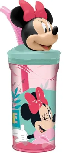 Tataway Disney Minnie 360 ml rosa Plastikbecher für Mädchen mit Strohhalm und 3D-Figur der Figur