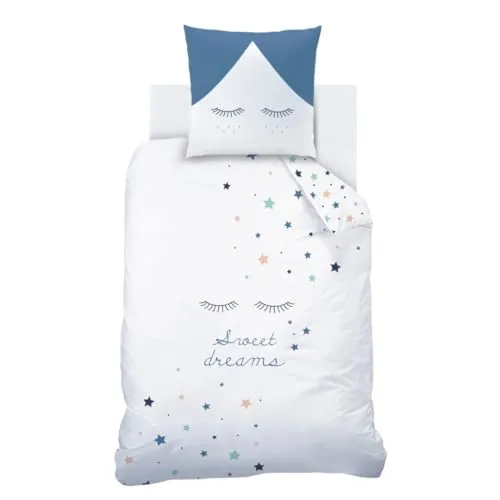 Sterne Mädchen-Bettwäsche Set · Kinderbettwäsche Sweet Dreams · Wende Motiv Wimpern · 2 teilig - Kissenbezug 80x80 + Bettbezug 135x200 cm
