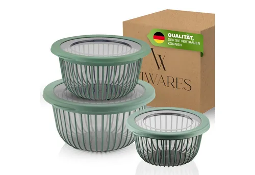 Viwares Schüssel-Set 3er mit Deckel – 1, 2, 3 L Grün - Schüsseln für jede Gelegenheit: Ideal zum Rühren, Servieren und Aufbewahren. Mit Silikonrand-Deckel für längere Frische und hygienische Lagerung. BPA-frei und spülmaschinenfest.