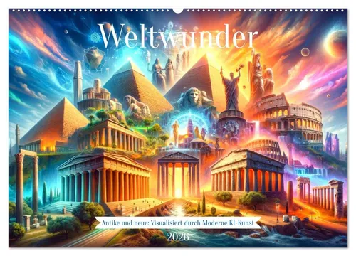 CALVENDO Wandkalender Weltwunder: Antike und neue: Visualisiert durch Moderne KI-Kunst (Wand