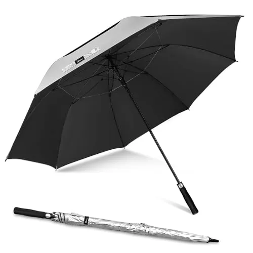 NINEMAX Regenschirm mit UV Schutz XXL, UV Großer Golfschirm Sturmfest, Große Golf Sonnenschirm für Herren Damen 2 Personen (Silber/Schwarz)