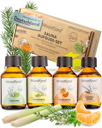 WOODFJORD BIO Saunaaufguss Set - 4 verschiedene Düfte - Erleben Sie authentische Sauna-Momente mit unserem Set aus 4 verschiedenen, rein natürlichen Duftern. Ideal für entspannende Stunden, 100 % vegan und ohne künstliche Zusätze.
