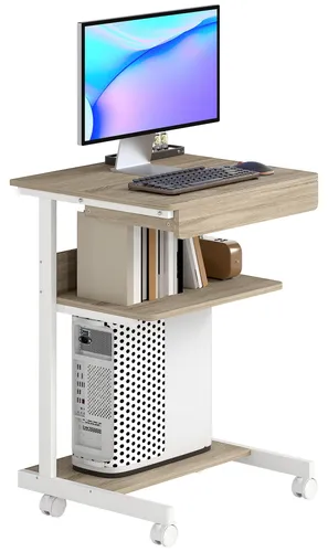 Platzsparender Schreibtisch mit Rollen - Computertisch Eiche - Moderne Schreibtischlösung mit Rollen, ideal für flexible Arbeitsbereiche. Mit 1 Schublade und 2 Regalfächern für optimalen Stauraum.