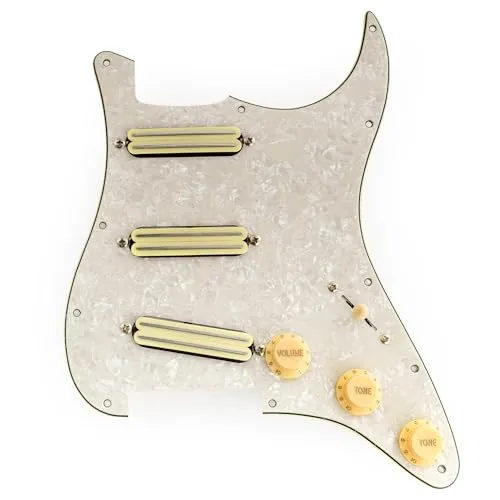 Musiclily Pro-SE ST-DPHA SSS Vorverdrahtetes Schlagbrett Pre-Wired Pickguard mit Alnico 5 Mini Rail Humbucker für Strat Style E-Gitarre, 4-lagig Aged White Pearl