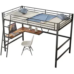 Modfu Hochbett Schwarz, Metall, 135x190 cm – Platzsparendes Kinderbett mit Schreibtisch - Praktisches Hochbett für Kinderzimmer: Mit integriertem L-förmigem Schreibtisch und Regal für effiziente Raumnutzung. Stabiler Metallrahmen und EN747-zertifiziert für Sicherheit und Langlebigkeit.