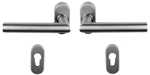 Edelstahl Haustür Griff Komplettgarnitur auf Ovalrosette Gehrungsform