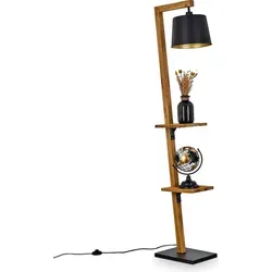 hofstein Stehlampe aus Metall und Holz in Schwarz/Natur/Gold, 164 cm - Moderne Stehlampe im Retro-Stil mit verstellbarem Schirm und praktischen Ablageflächen. Ideal für Esszimmer und Flur, höhenverstellbar für individuelle Lichtgestaltung.