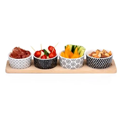 Murago - Tapas Snackplatte 5tlg Set - Bambus Keramik Snack Schalen Teller Platte Brett Serviertablett Schälchen Knabberschale Servierrschale Dips Vorspeisen Oliven Süßigkeiten Nüsse Holz