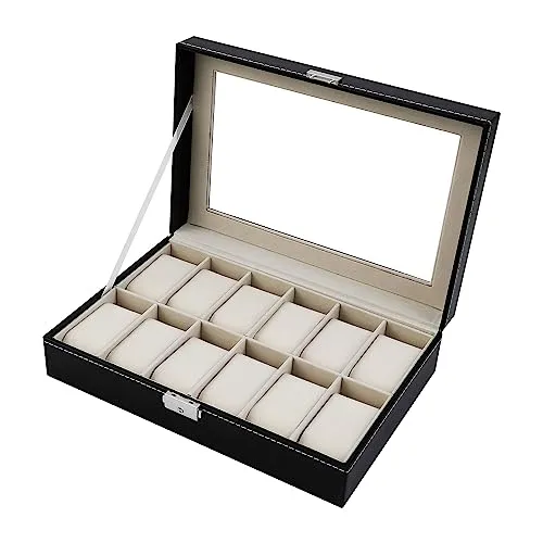 Nuangoo Uhrenbox 12 Uhren,Uhrenkasten Uhren Aufbewahrungsbox mit Glasdeckel,Uhrenbox mit Glasfenster,Samtfutter,Metallschließe,schwarzes PU-Etui