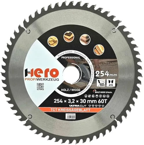 HERO Kreissägeblatt 254 x 30/20 mm 60 Zähne Hartmetall Sägeblatt TCT Ersatzsägeblatt für Holzbearbeitung Weich & Hartholz, Nichteisenmetalle Universal Handsäge, Gehrungssäge, Tischkreissäge, Kappsäge
